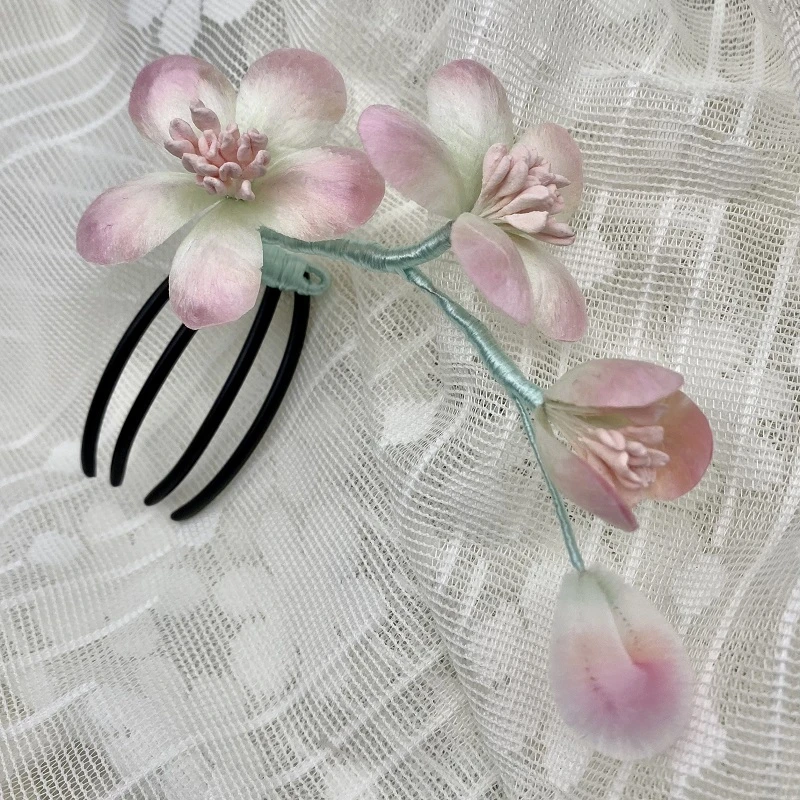传统非遗手工制作蚕丝桃花绒花发簪发梳发钗古风汉服配饰