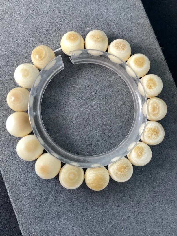 天然猛犸牙金眼满纹12mm圆珠单圈原色奶黄料精品挂件保真