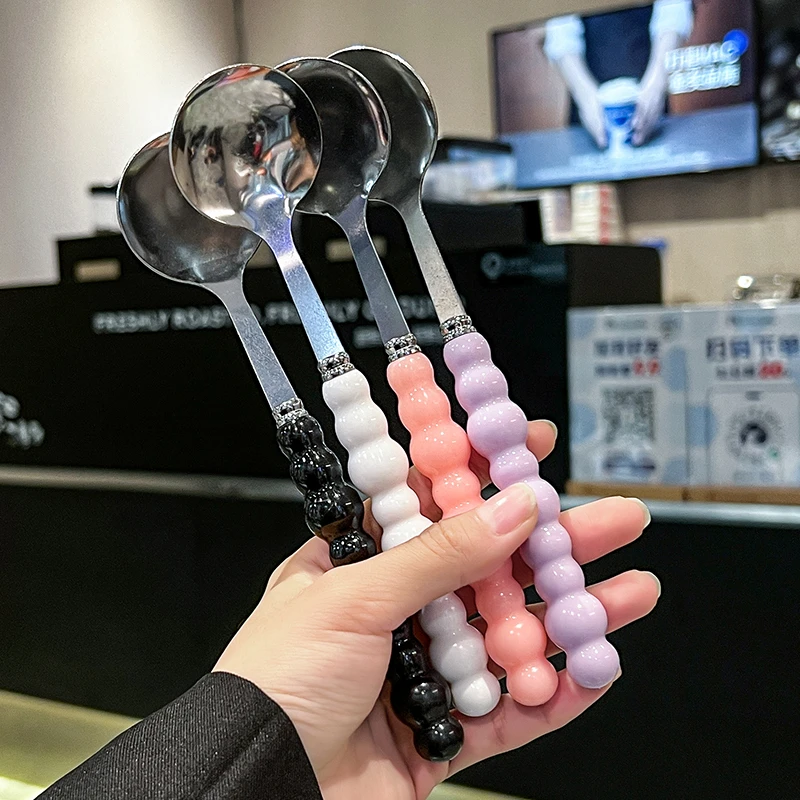 不锈钢匙汤勺家用勺子陶瓷长柄调羹西瓜勺圆勺学生吃饭勺拌饭手柄