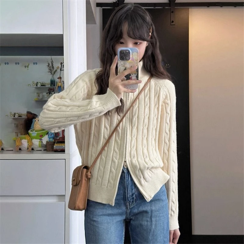 复古慵懒风宽松立领麻花毛衣女秋冬2023新款百搭双头拉链针织开衫