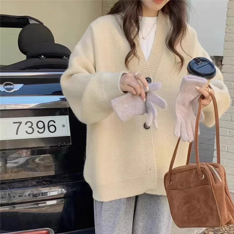 毛衣开衫外套女2023秋冬季新款宽松软糯简约慵懒风高级感V领针织