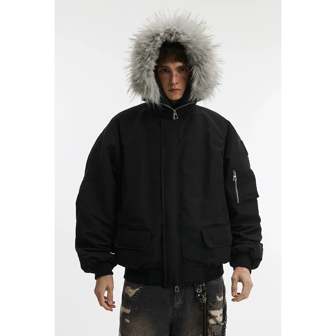 美式复古毛领连帽加厚派克棉服男女款棉袄冬季保暖工装棉衣外套