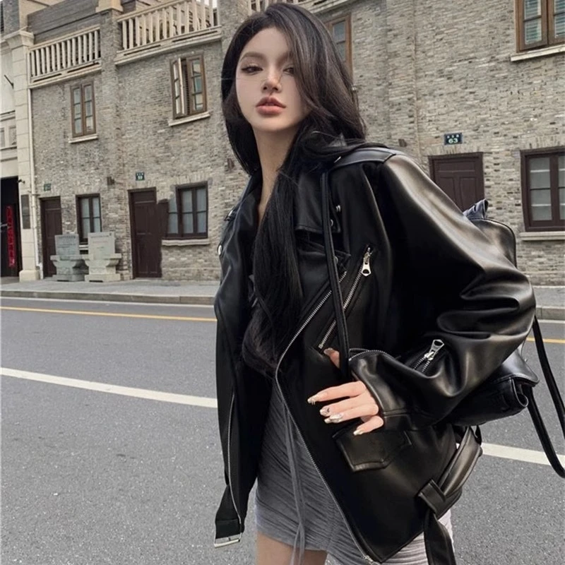 TUO黑色pu皮衣外套女短款2025秋冬新款小个子复古高级设计感机车