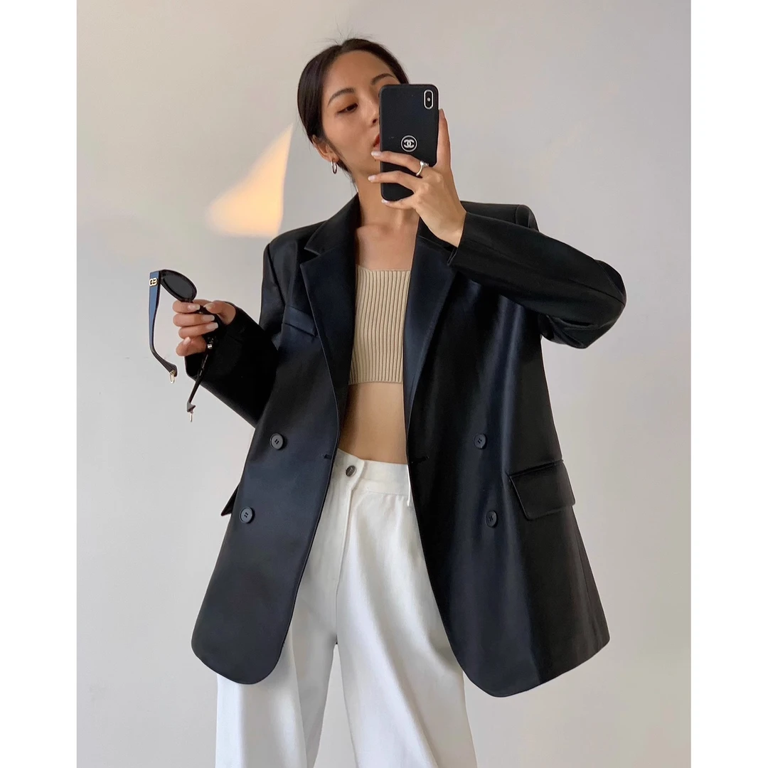 黑色西装皮衣外套女2025年秋冬新款PU皮高级感炸街宽松休闲西服