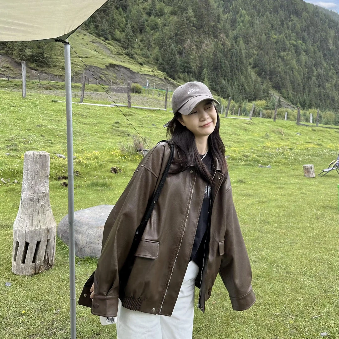皮衣外套女2025新款秋冬女上衣港式复古机车棕色美式皮夹克小个子