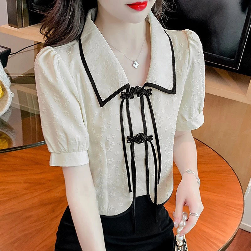 夏季新款设计感小众甜美雪纺短袖法式别致时尚气质衬衣上衣女夏季
