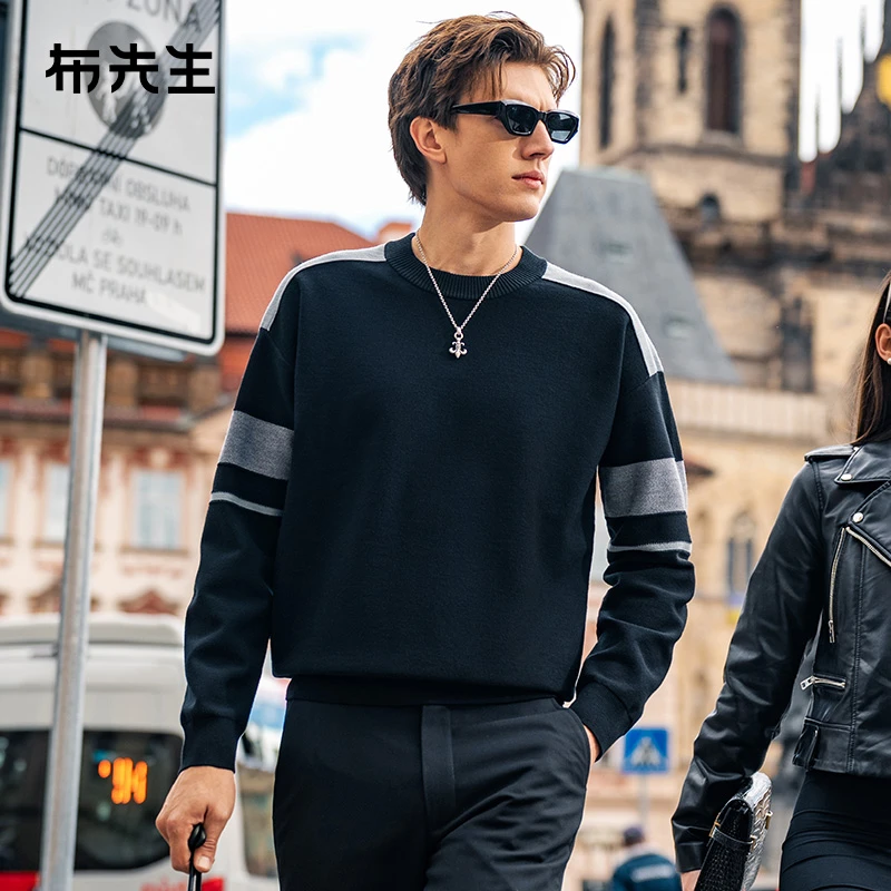 布先生廓形圆领羊毛衫男士秋冬撞色设计感毛衣PT15600断码清仓