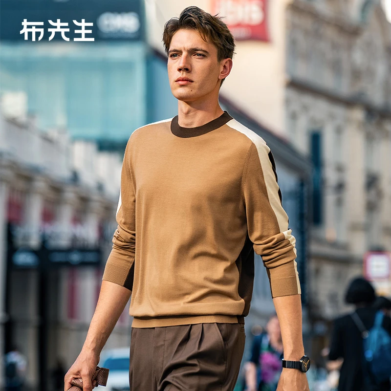 布先生可机洗羊毛t男士秋冬美拉德穿搭圆领撞色打底衫毛衣PT15556