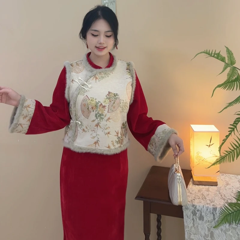 战袍【自制款】遇见大码胖mm圣诞跨年喜庆红色拜年改良旗袍两件套