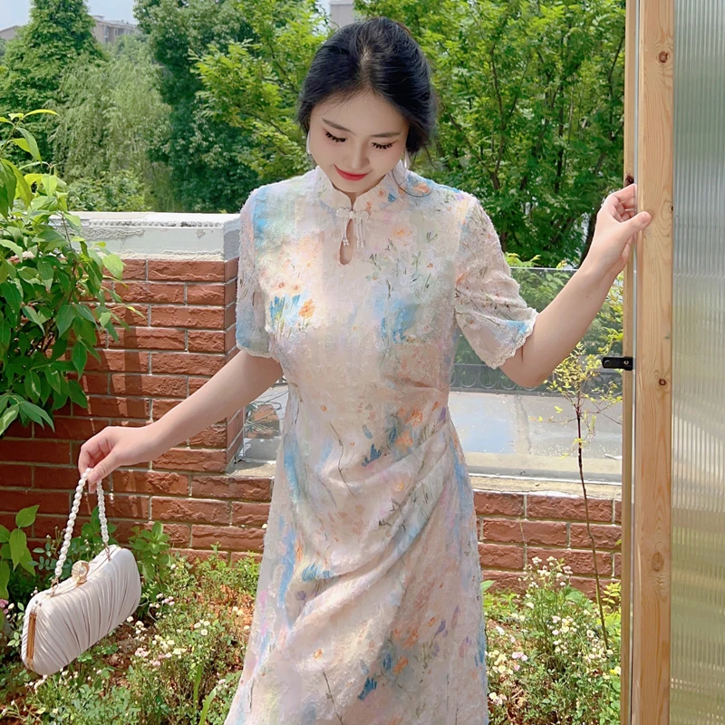 【自制款】遇见大码胖mm油画旗袍古典美人新中式莫奈花园风连衣裙