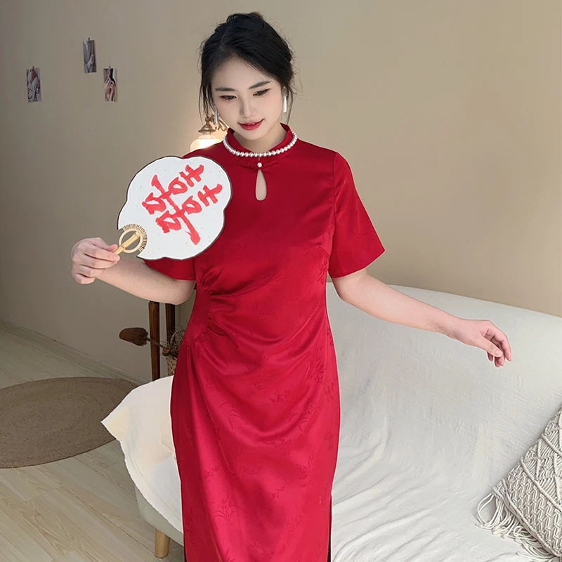 十里红妆【自制款】遇见大码喜庆订婚红色新中式新娘旗袍大码女装