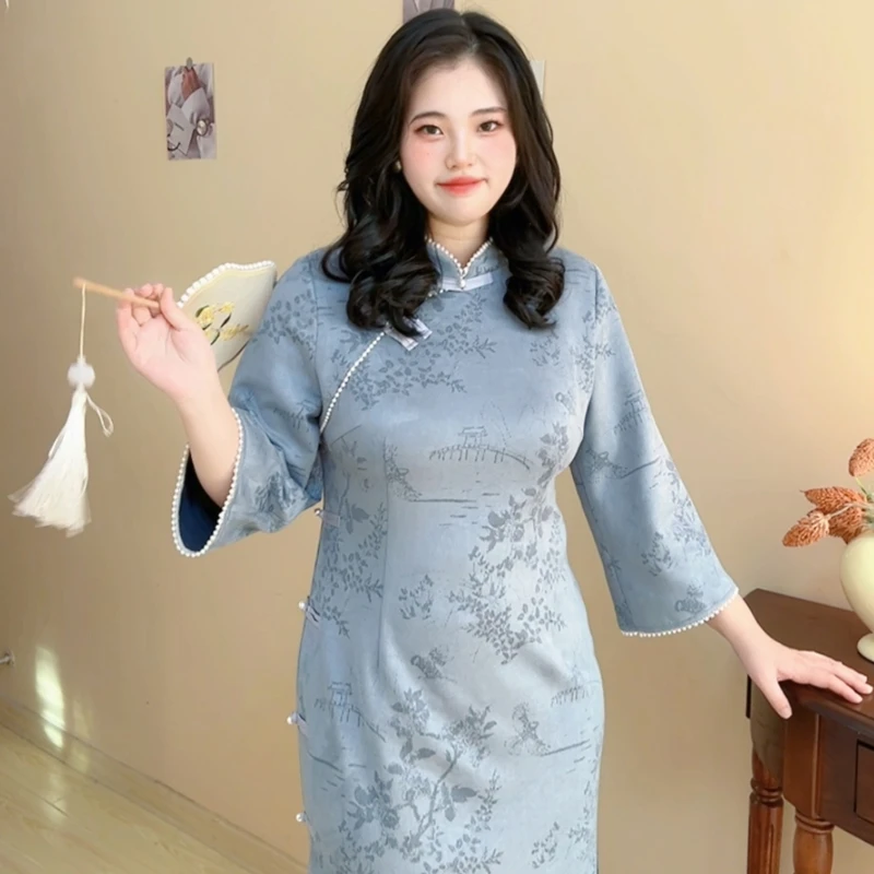 【自制款】民国复古蓝色大码胖mm显瘦改良版旗袍连衣裙200斤春季