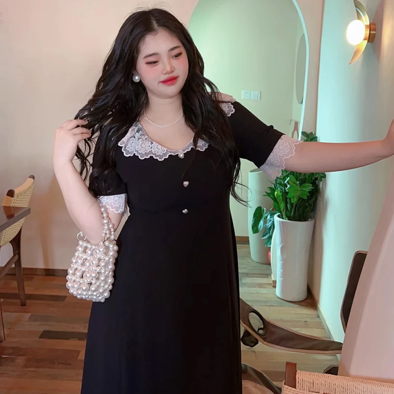 真的好显瘦【自制款】高品质大码胖mm法式赫本御姐风小黑裙蕾丝裙子