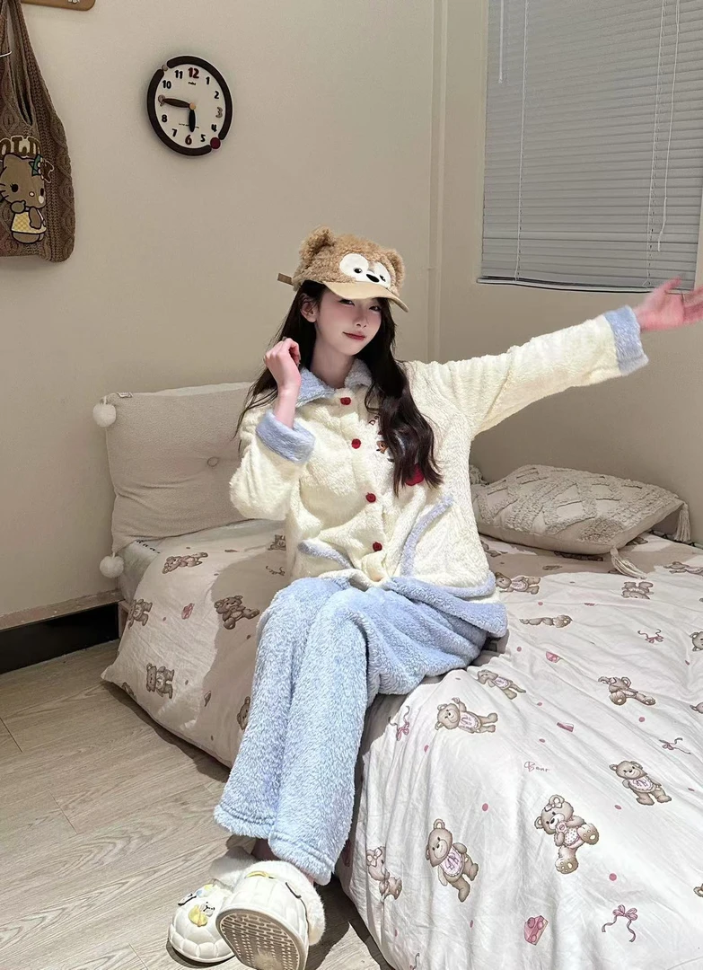 【VNS】一冬季韩版可爱少女甜美珊瑚绒睡衣女家居服套装#创-8C446