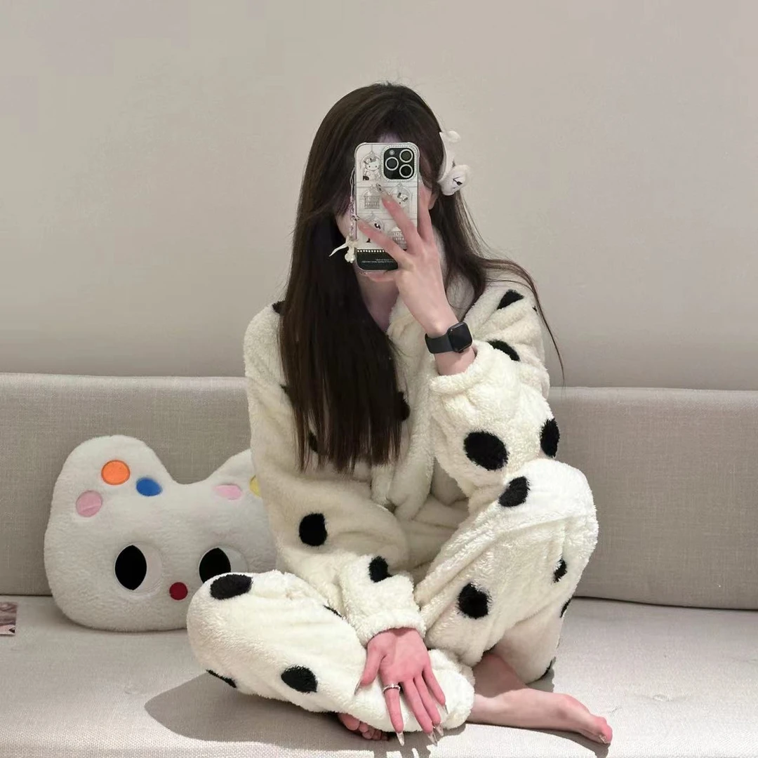 VNS】一冬季新款波点珊瑚绒加厚保暖宽松家居睡衣套装#创-23F316