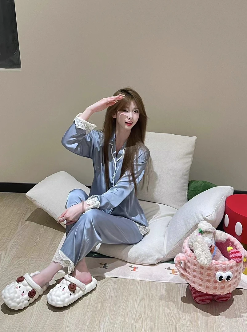 【VNS】一法式蕾丝花边长袖睡衣女2024新款冰丝家居服套装#创-6688