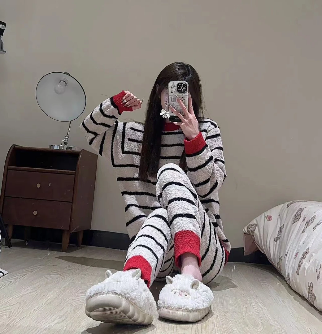 【VNS】一秋冬季新款条纹半边绒睡衣女加绒家居服睡衣套装#创-1A877