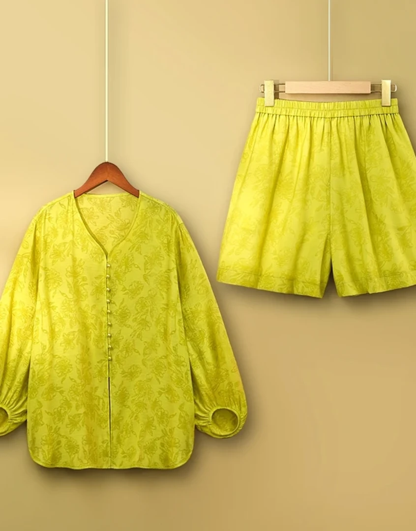 （花契玫瑰）新款2024新中式上衣+短裤提花国风薄款两件套装女