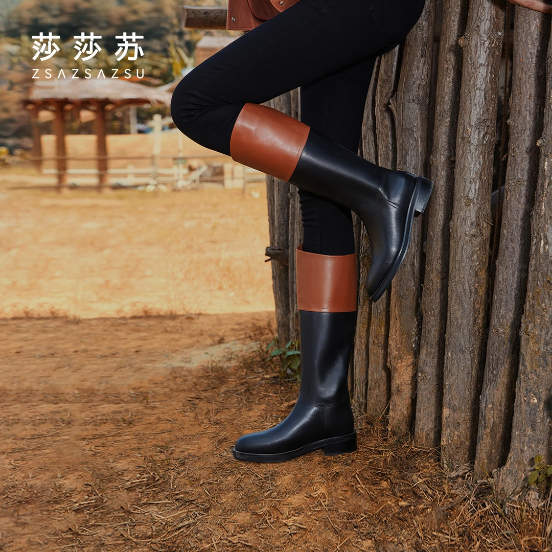 莎莎苏秋冬季新款黑色高筒靴粗跟西部骑士靴女厚底长靴ZA43703-44