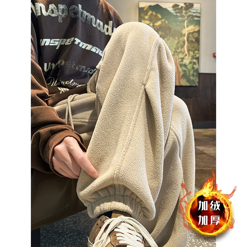 双面摇粒绒大口袋休闲裤子男秋冬加绒加厚长裤潮牌宽松束脚卫裤