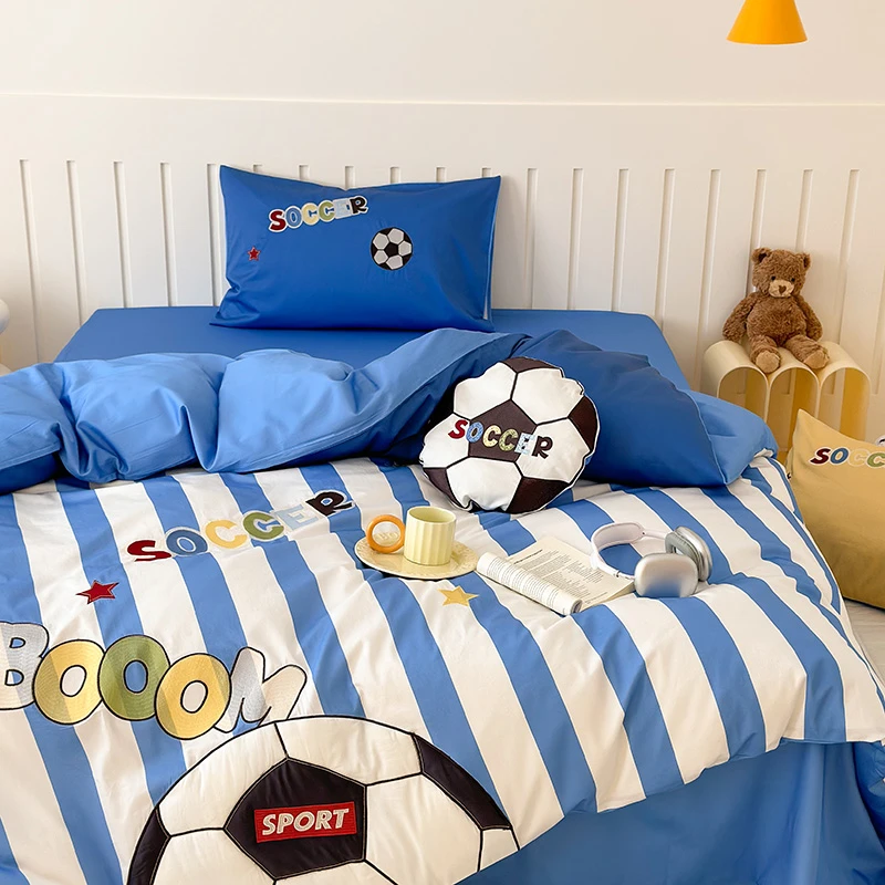 卡通风100S长绒棉四件套可爱运动系男孩刺绣被床上用品三件套