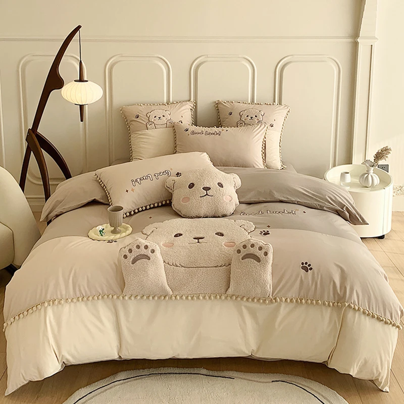儿童全棉水洗棉刺绣四件套卡通公主风小熊纯棉印花床上用品三件套