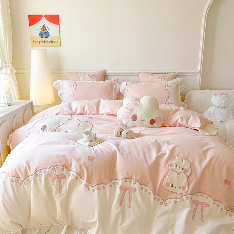 少女全棉磨毛奶油兔子刺绣四件套儿童可爱被套公主风纯棉三件套