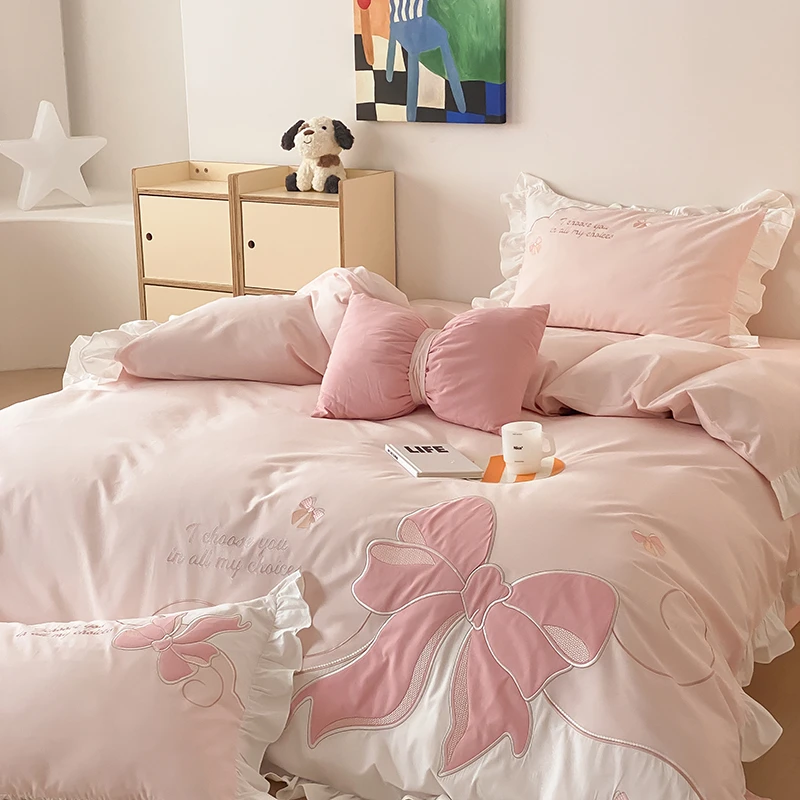 少女心纯棉磨毛加厚四件套全棉刺绣花边被套秋冬公主风床上三件套