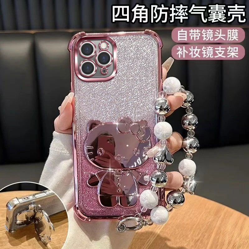 新款KT猫补妆镜支架适用iPhone苹果11promax手机壳a2220奢华电镀