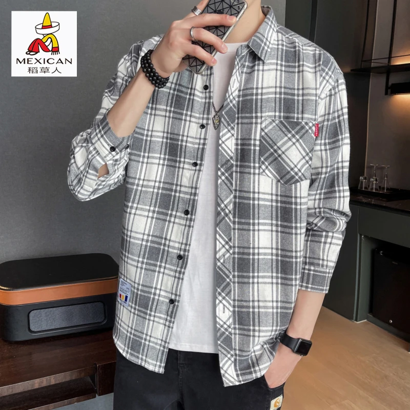 稻草人秋冬新款格子衬衫男加绒保暖宽松长袖衬衣男生外搭上衣百搭