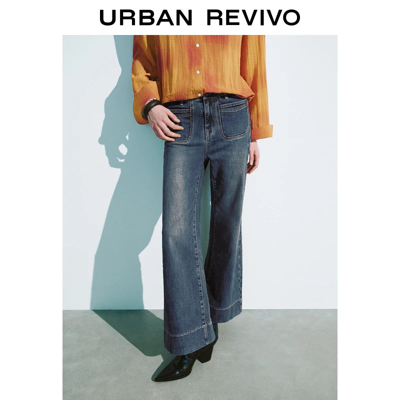 UR2024秋冬新款女装复古时髦休闲口袋微喇牛仔长裤UWM840060