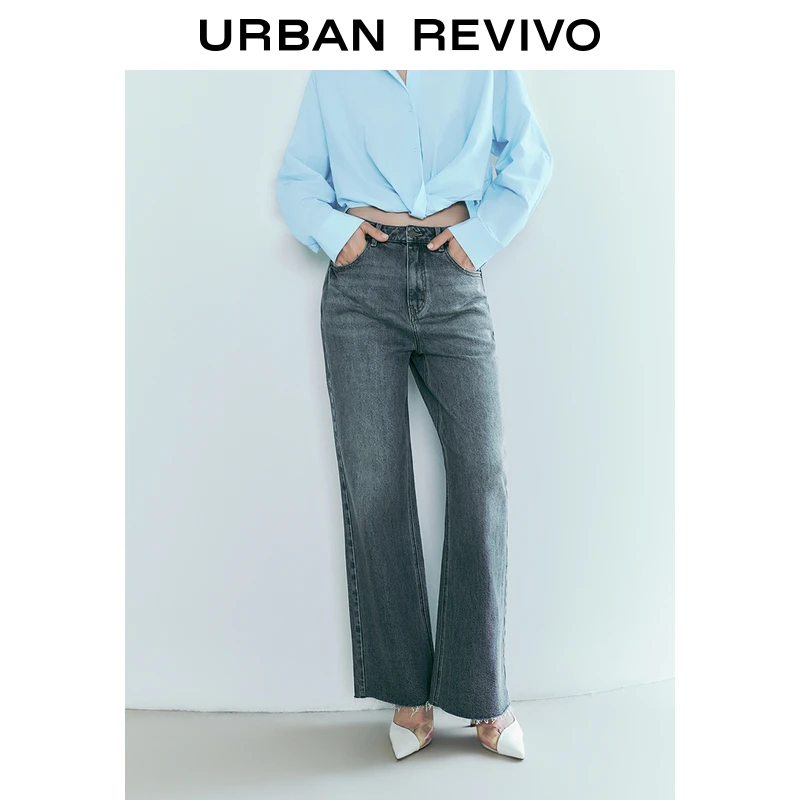 UR2024秋季新款女装复古猫须水洗斜纹肌理牛仔长裤UWG840241