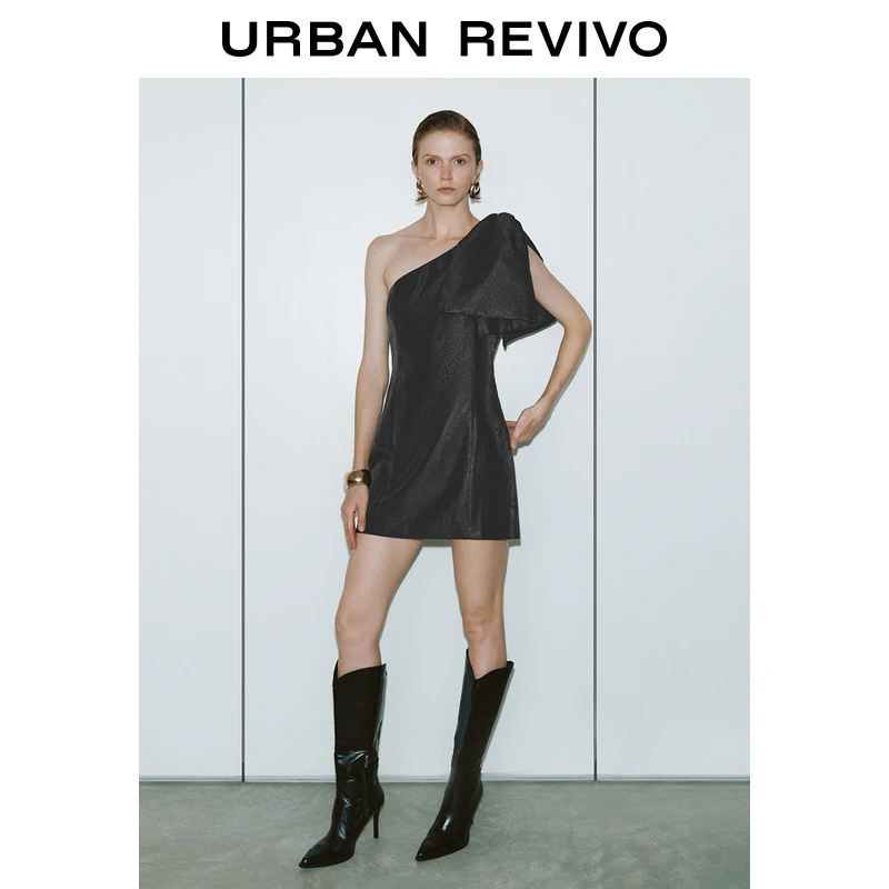 UR2024冬季新款女装法式不对称斜肩领飘带连衣裙UWG740256