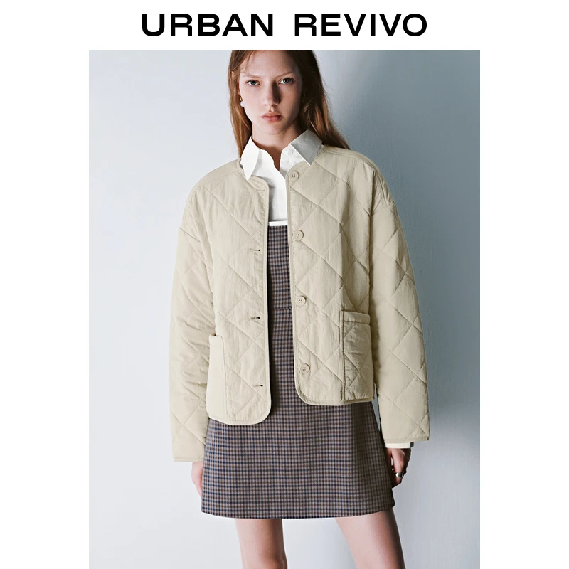 UR秋冬新款女装时尚简约气质菱格绗缝百搭圆领短款棉服UWU132023