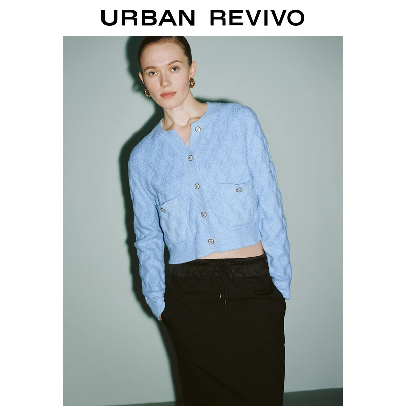 UR2024秋冬新款女装时尚气质短款圆领长袖针织开衫UWG940262+