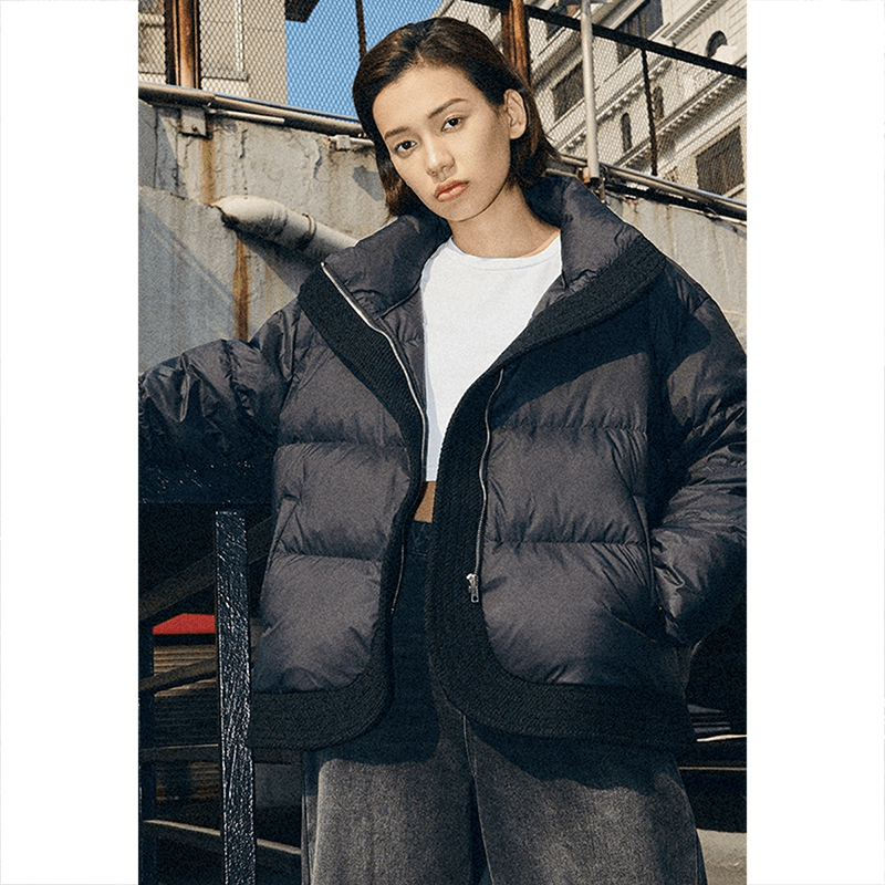UR秋冬新款女装设计感拼接保暖立领短款羽绒服UWG130049