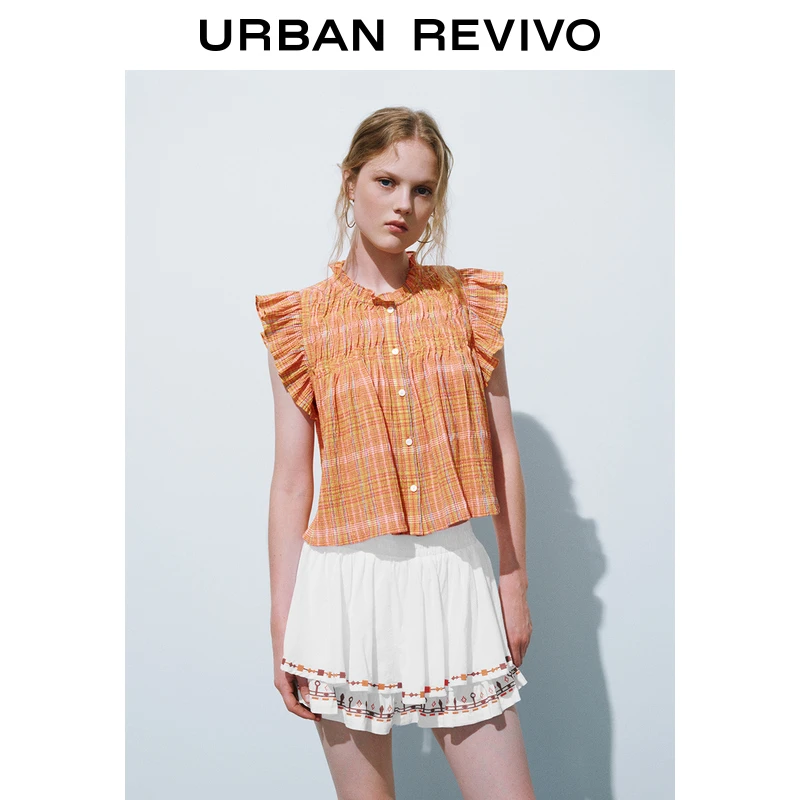 UR女装多巴胺撞色格纹飞飞袖开襟衬衫UYL240026