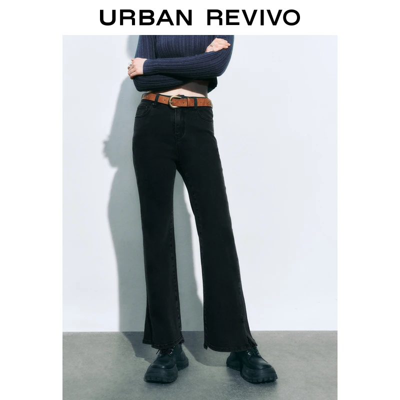 UR女装复古休闲腰带开衩牛仔长裤UYL840029