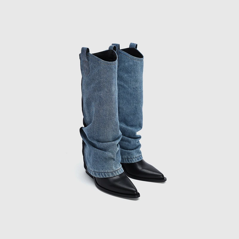 URBAN REVIVO2023秋冬新款女士摩登设计感拼接尖头中靴UAWS30074