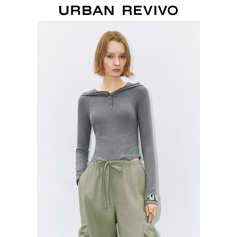 UR2024秋季新款女装百搭休闲修身显瘦连帽长袖T恤UYV440032