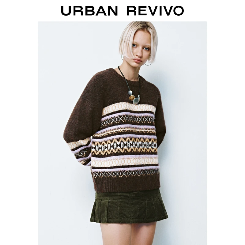 UR2024冬季新款女装慵懒风费尔岛提花宽松针织衫UYL940079