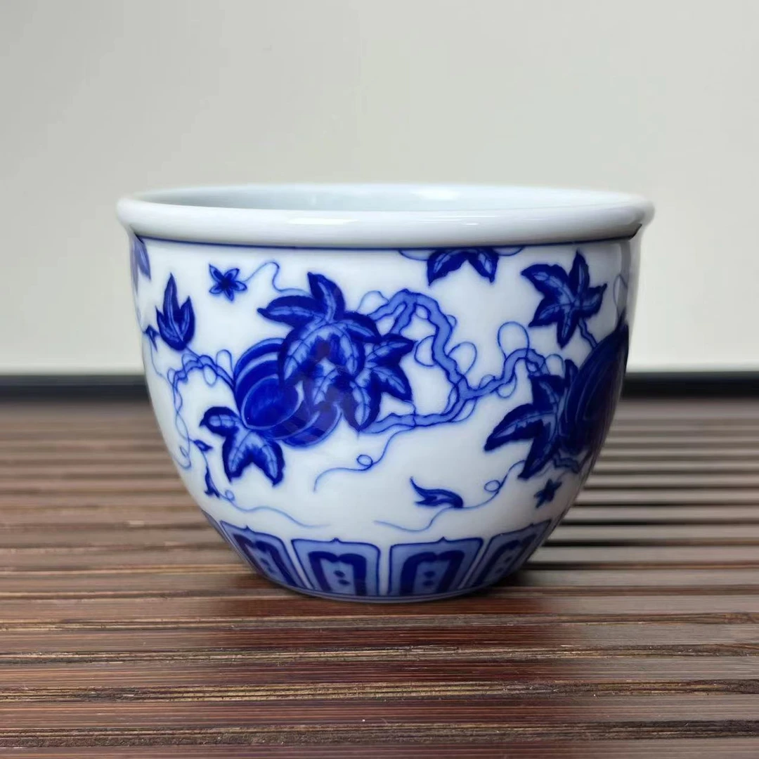 景德镇全手工手绘釉下青花瓜果绵绵缸杯风水杯满容150CC
