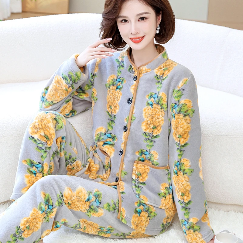 睡衣女秋冬季加厚套装家居服保暖长袖春秋新款珊瑚绒法兰绒可外穿