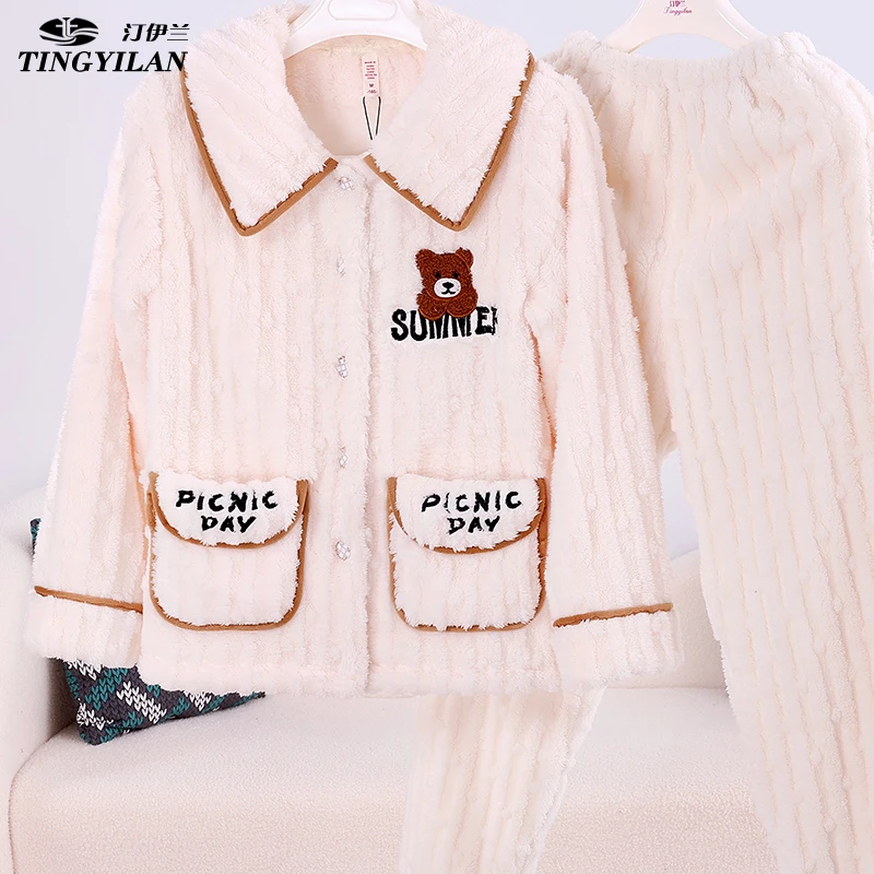 秋冬睡衣女加绒加厚保暖大码珊瑚绒家居服可外出冬季爆款开襟套装