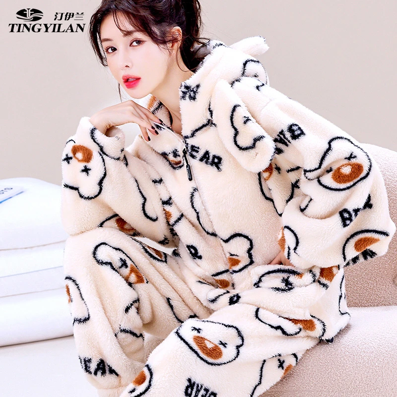 新款冬款开襟睡衣女士冬季加厚加绒珊瑚绒家居服居家套装可外穿