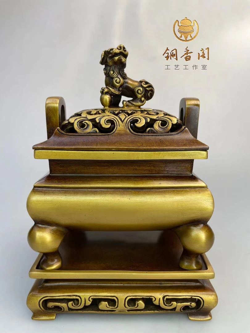 马蹄足狮钮现代方炉香薰炉手工茶室茶台摆件檀香紫铜工艺香炉高度