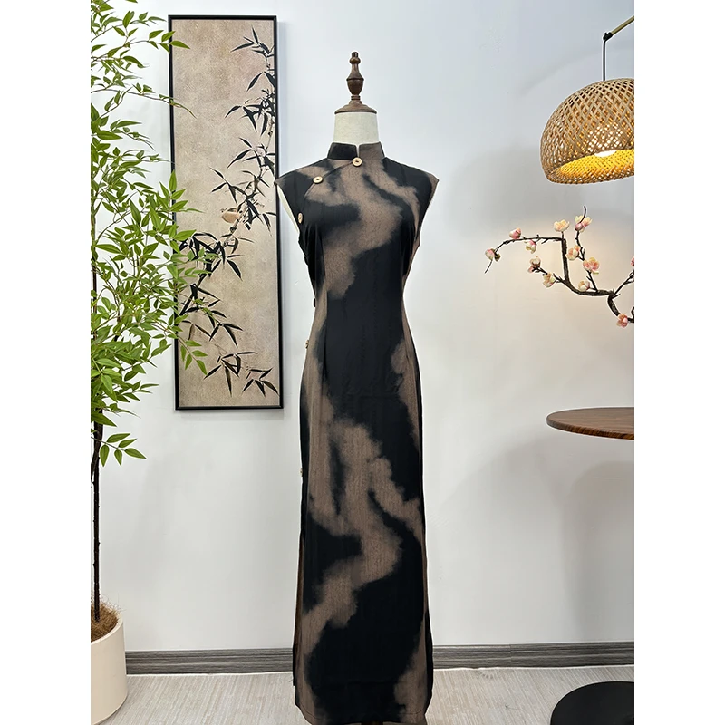 【墨染】晓满旗袍 2024气质修身扎染性感旗袍日常国风