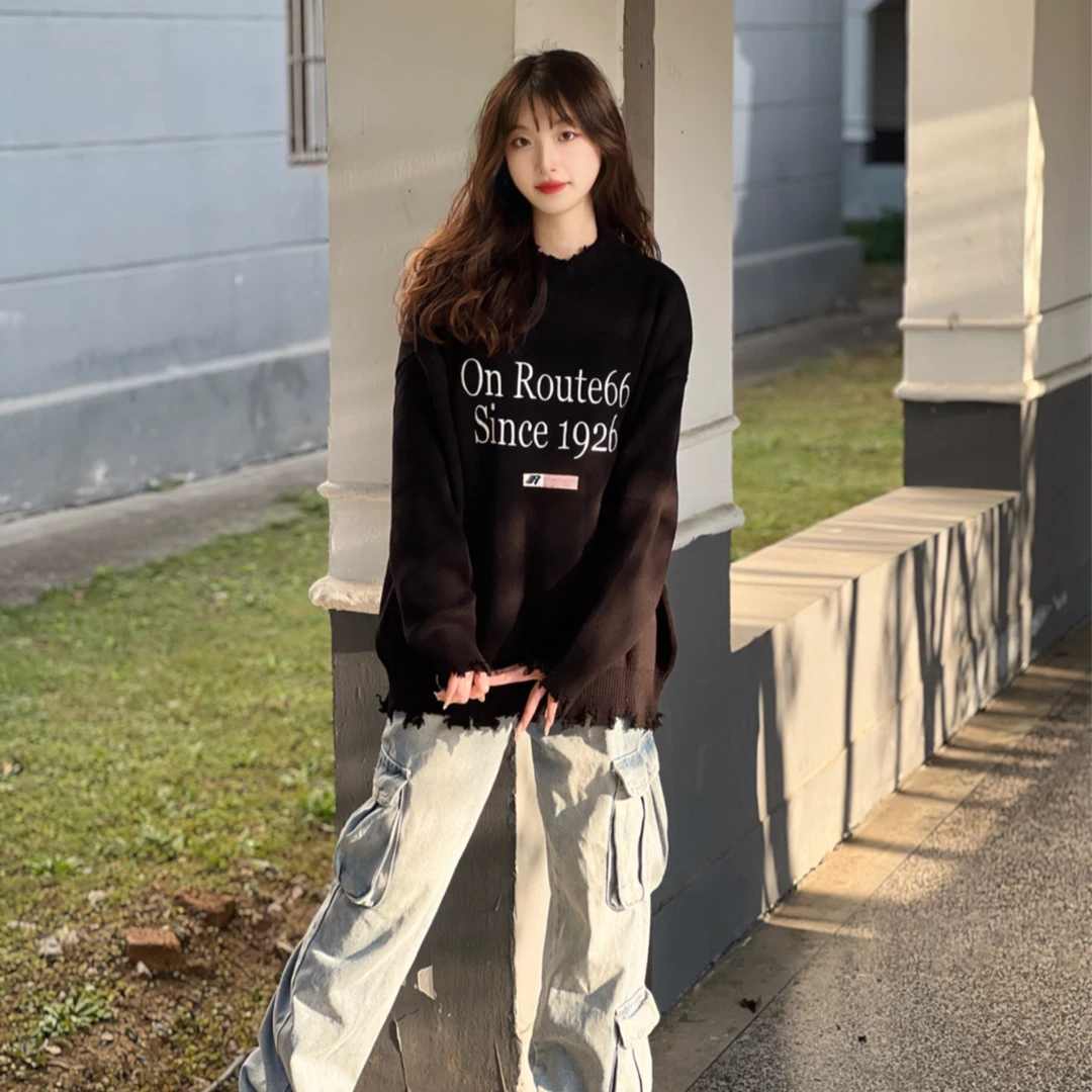 ROUTE66秋冬新款休闲印花长袖宽松毛衣情侣装美式潮流针织衫上衣