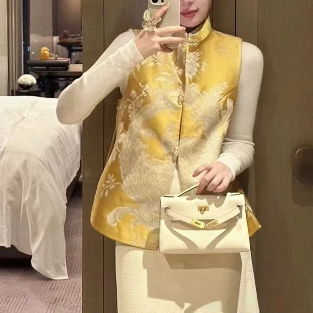 《英家推荐》新中式立领珠扣提花百搭唐装马甲