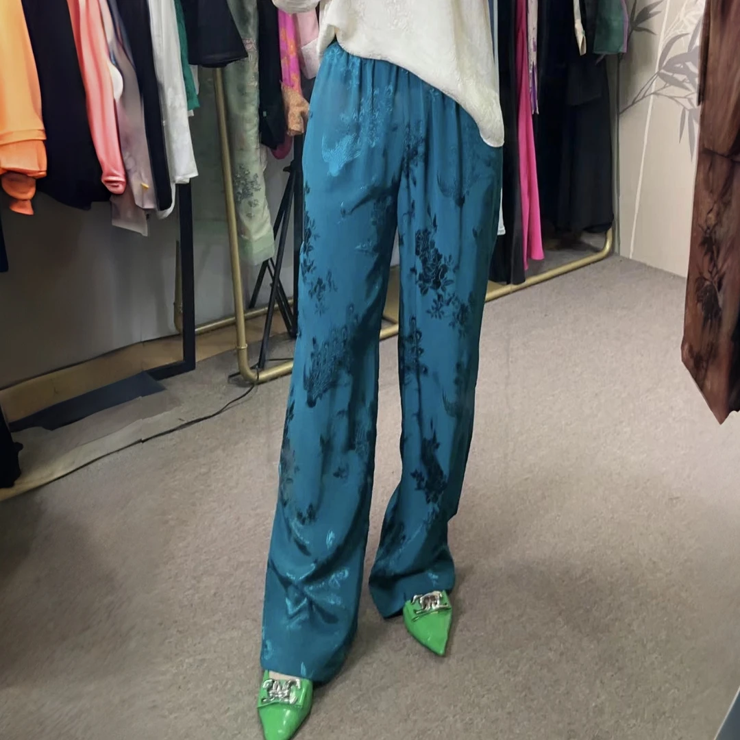 《英家推荐》时尚百搭休闲透气孔雀开屏直筒提花裤子